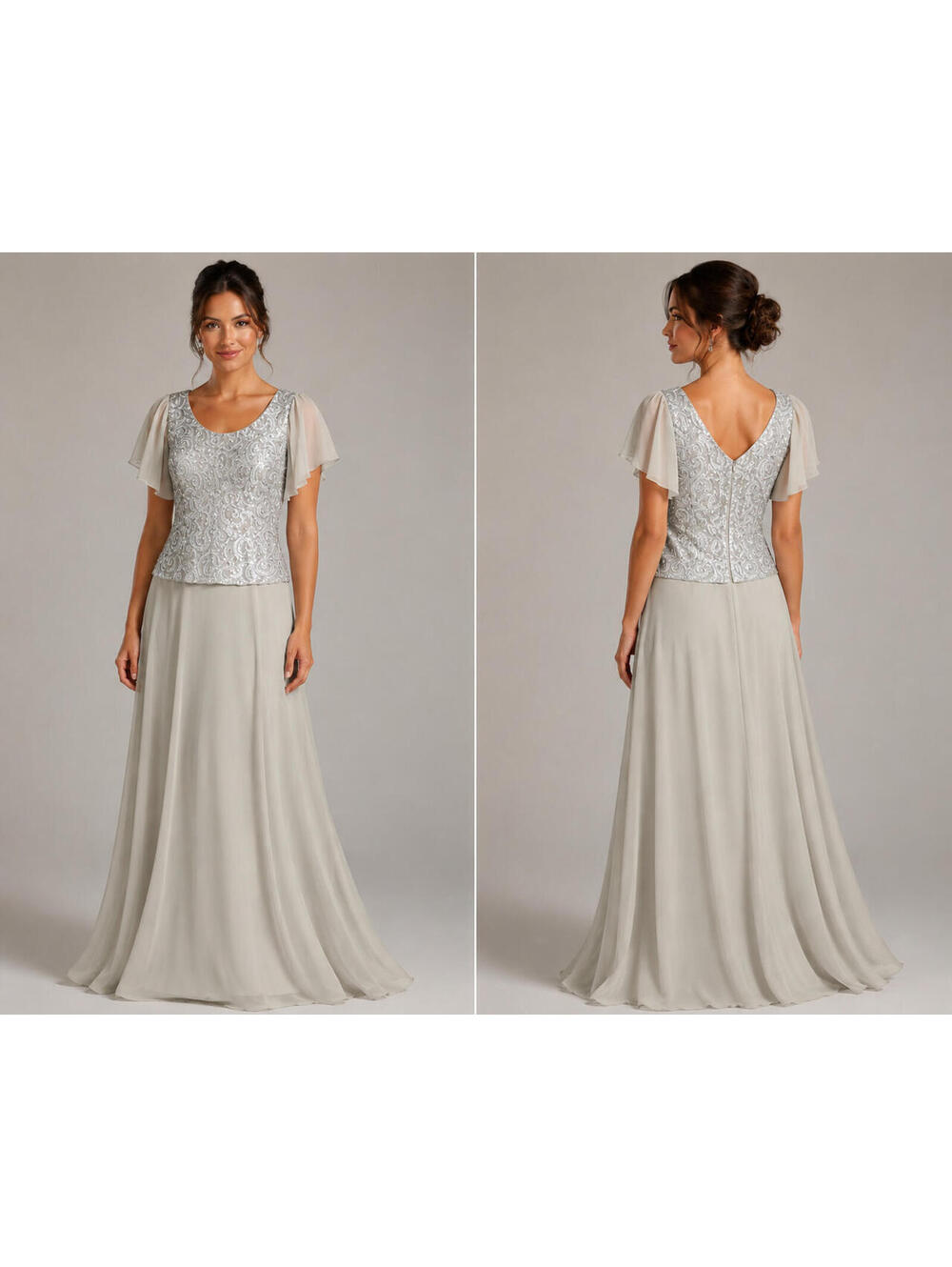 Silver Sequin Chiffon Evening Gown V Back Formal Dress Sz L  Short Sleeve Modest